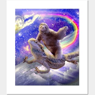 Space Sloth Riding Bearded Dragon Lizard Posters and Art